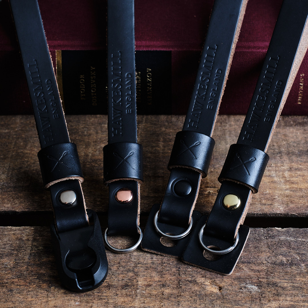 Hawkesmill-Oxford-Leather-Camera-Wrist-Strap-black-with-Multiple-Rivet-and-thread-Colours
