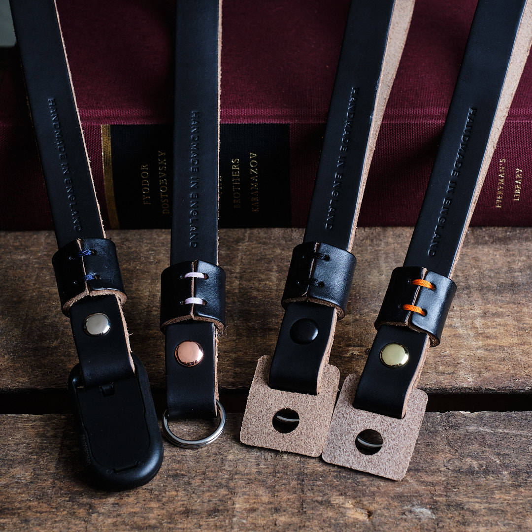 Hawkesmill-Oxford-Leather-Camera-Wrist-Strap-black-with-Multiple-Rivet-and-thread-Colours