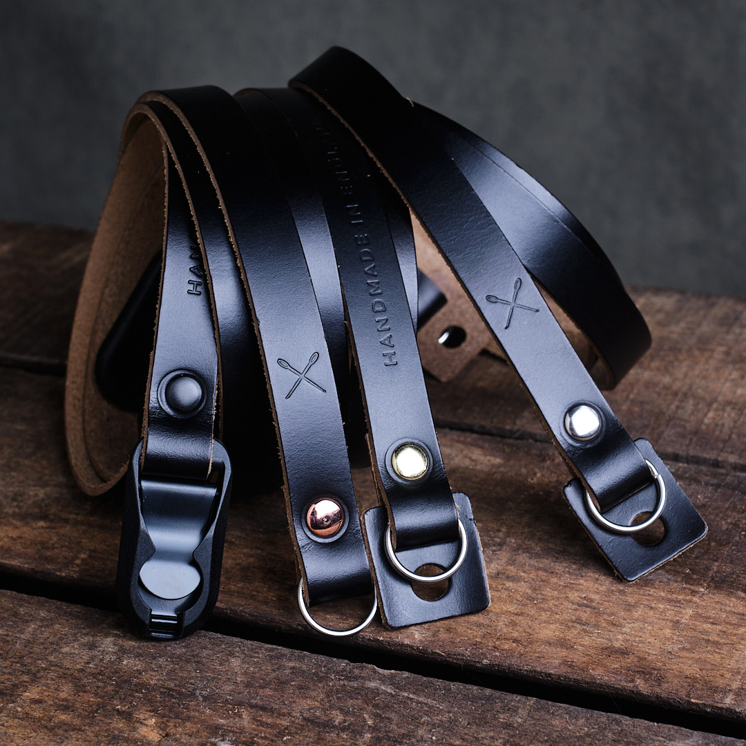Kensington-Leather Camera-Strap-Black-with-Multiple-Rivet-Choices