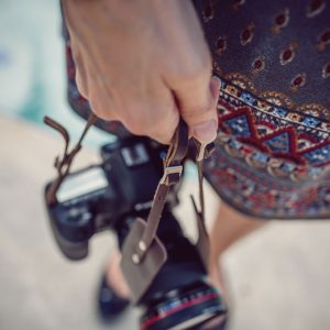 Hawkesmill-Borough-Camera-Neck-Strap-Canon-Brown-Girl-Holding-Camera