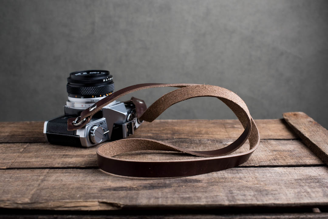 Hawkesmill-Kensington-Leather-Camera-Strap-Brown-Rivet-Olympus-6